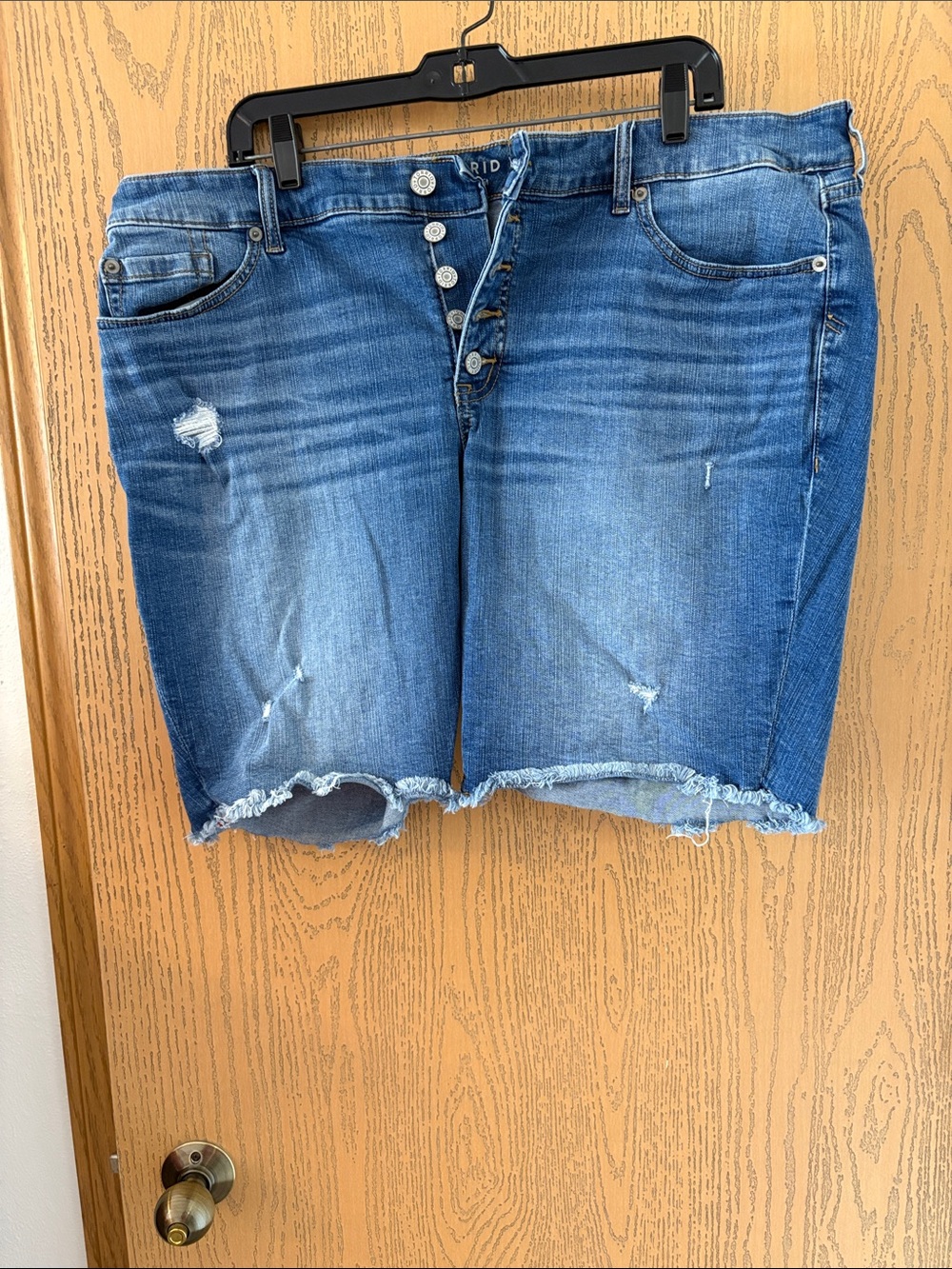 Torrid Washed Blue Distressed Button-Fly Jean Shorts